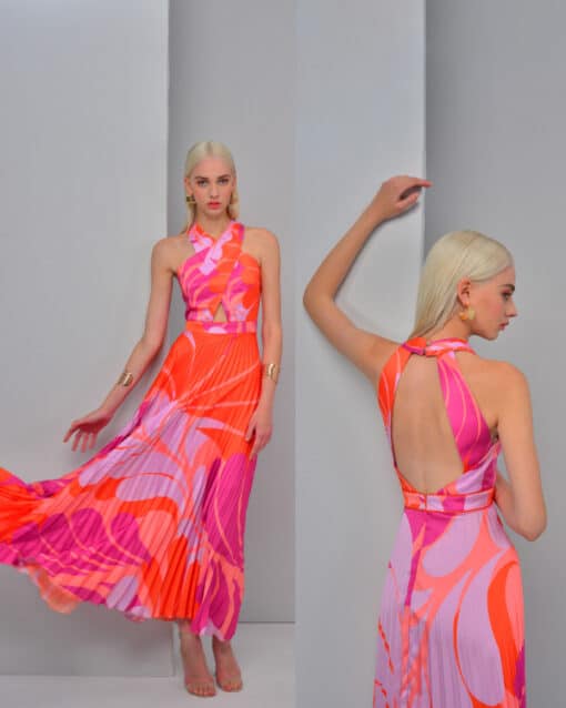 Edas Luxury Collection Fidia Γυναικείο Φόρεμα Maxi Πλισέ Εμπριμέ-Πορτοκαλί