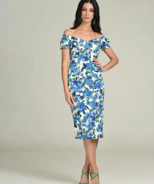 Estel Γυναικείο Φόρεμα με Ανοιχτούς Ώμους Midi Φλοράλ Μπλε