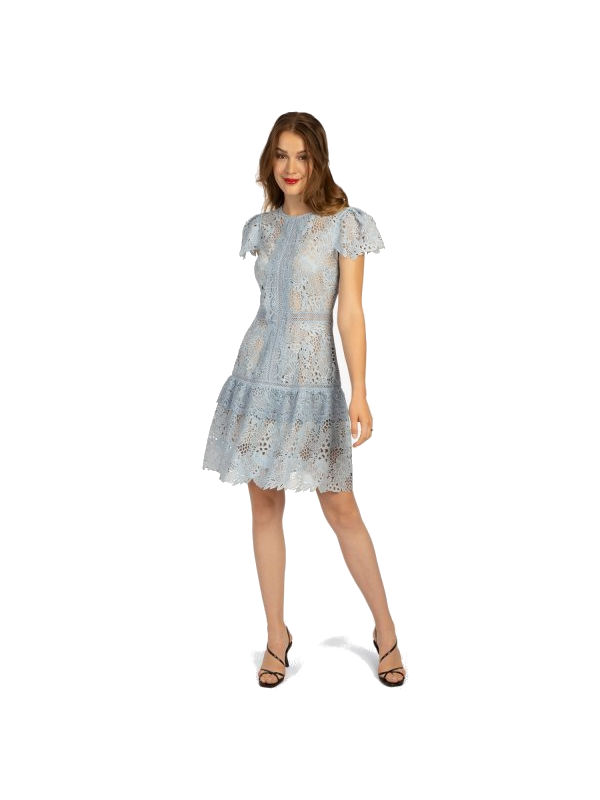 Apart Δαντελωτό Φόρεμα με Κοντό Μανίκι Mini Γαλάζιο-Μπεζ