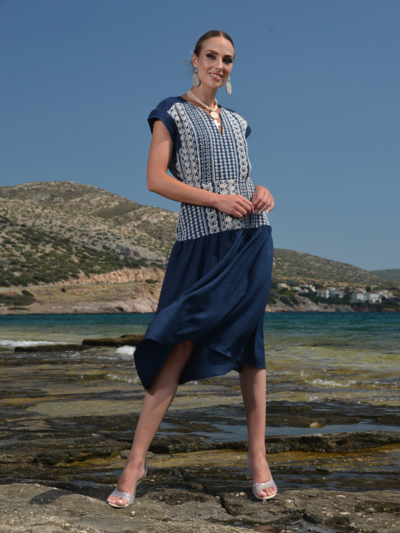 Eleria Cortes Γυναικείο Φόρεμα Σκούρο Μπλε Με Μοτίβο Λευκό