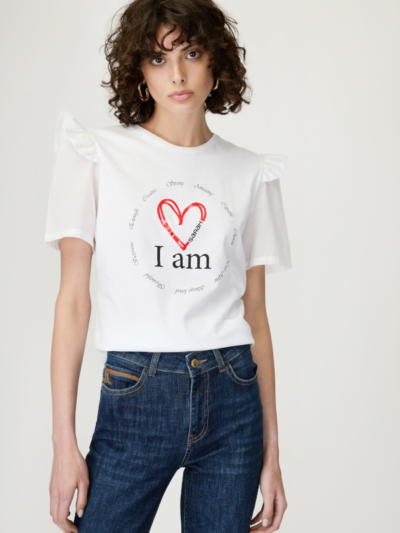 Sarah Lawrence Γυναικεία Κοντομάνικη Μπλούζα Λευκή Με Στάμπα Και Βολάν