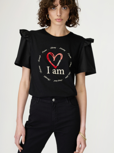 Sarah Lawrence Γυναικεία Κοντομάνικη Μπλούζα Μαύρη Με Στάμπα Και Βολάν