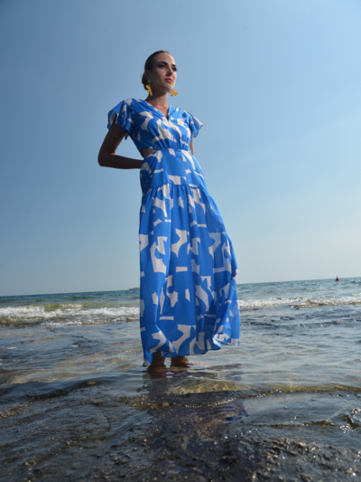 Eleria Cortes Γυναικείο Maxi Φόρεμα Μπλε Με Λευκό Σχέδιο