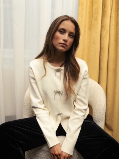 Fransa Γυναικεία Ζακέτα Με Διακοσμητικούς Φιόγκους Εκρού