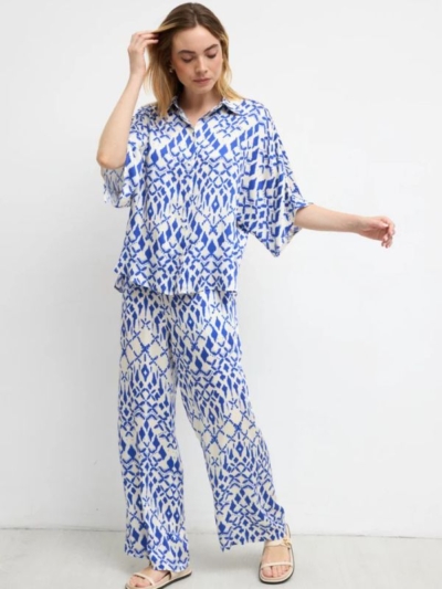 Tinta & Bariloche Γυναικείο Παντελόνι Σε Άνετη Γραμμή Με Γεωμετρικό Μοτίβο Μπλε/Λευκό