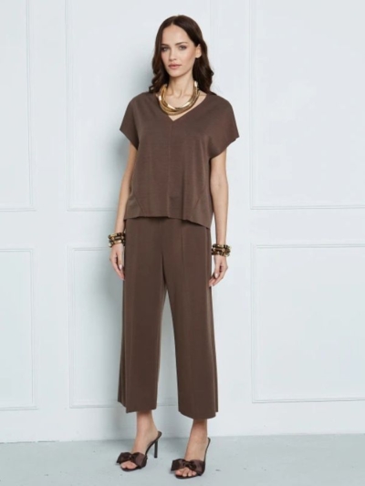 Sarah Lawrence Γυναικεία Μπλούζα V Με Ραφές Και Κοντό Μανίκι Καφέ