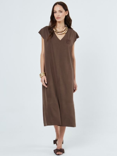 Sarah Lawrence Γυναικείο Φόρεμα Μακρύ Με Κοντό Μανίκι Και V Καφέ