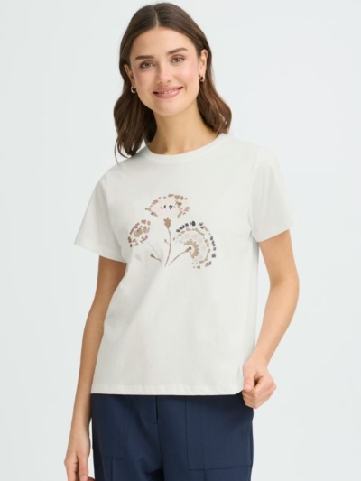 FRANSA Γυναικείο T-Shirt Με Ροζ Φλοράλ Μοτίβο Λευκό