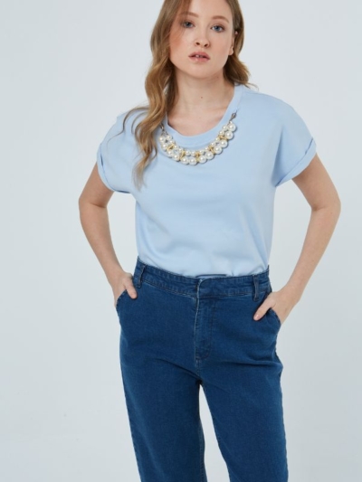 Sarah Lawrence Γυναικεία Μπλούζα Κοντό Μανίκι Με Διακοσμητικές Πέρλες Στο Λαιμό Γαλάζιο