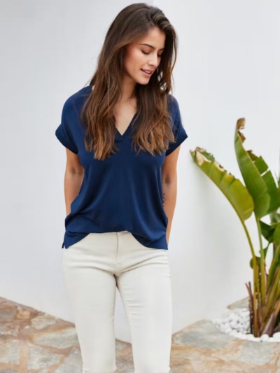 FRANSA Γυναικεία Μπλούζα Κοντομάνικη Με V-Neck Μπλέ