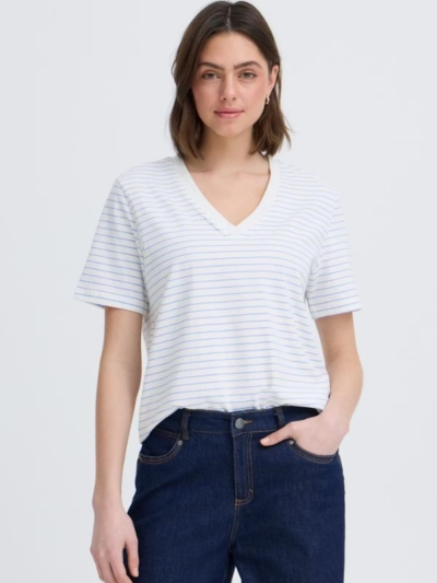 FRANSA Γυναικεία μπλούζα με V-neck, ίσια γραμμή, κοντά μανίκια ρίγα μπλε