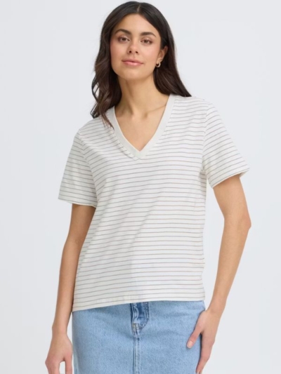 FRANSA Γυναικεία μπλούζα με V-neck, ίσια γραμμή, κοντά μανίκια ρίγα καφέ