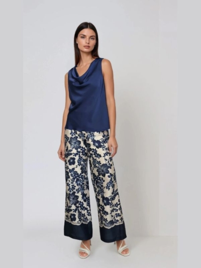 Estel Γυναικεία Παντελόνα Σατέν Floral Night Blue